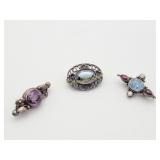 3) Vintage Sterling Silver Brooches - Amethyst &
