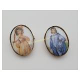 Vintage Porcelain Blue Boy Pink Gril Brooches