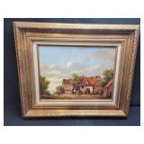 Vintage Painting On Wood - Village Scene