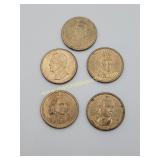 5) Presidents $1 Gold Tone Coins