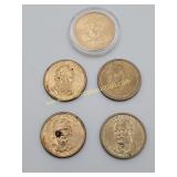 5) Presidents $1 Gold Tone Coins
