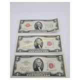 3) Red Seal Two Dollar Bills