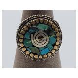 Tibetan Style Inlaid Ring Size 5-3/4 Brass & Metal