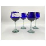 4) Cobalt Blue Blown Glass Wine Glasses