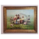 Family Picnic Oil Painting - Signed lower right