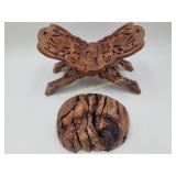 Carved Burl Knot with Face and a Wooden Bible
