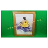 Mother & Child By Stream Watercolor w/ Wooden