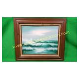 R Mondel, Breaking Waves Painting w/ Wood Frame
