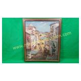 Sign Rofton(?) Spanish Scene Village Painting