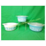 (3) Vintage Blue Pyrex Lidded Bowls- Farm Themed