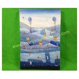 J Delva, Village Blue Field Painting on Canvas