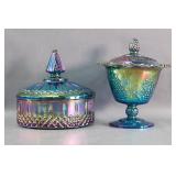 (2) Blue Carnival Glass Lidded Dishes