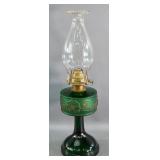 Green Glass Oil Lamp with Floral Design