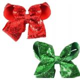 NEW 2PK XL Sequin Hair Bow Xmas Clips