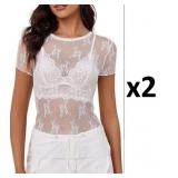 NEW $42 2PK (L) Women's Mesh & Lace T-Shirts