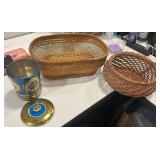 Two Wicker Baskets & Tin Storage Container