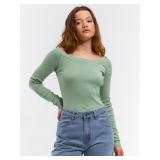 (S) Shein Sage Green Long Sleeve Ribbed Knit Shirt