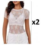 NEW $42 2PK (L) Women's Mesh & Lace T-Shirts