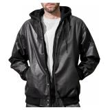 New $77 Mens Faux Leather Jacket Hooded Bomber...