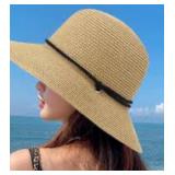 (M) Womens Sun Straw Hat with Wind Lanyard UPF