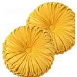 NEW $61 2 Yellow Ruched Velvet Round Throw Pillows