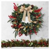 Christmas Lighted Wreath for Front Door, 28 Inches