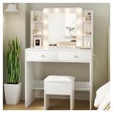 $120 Haewon White Vanity Desk with Mirror, 10 LED