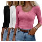3 Pack 3/4 Length Sleeve Tops for Women Ribbed Sco
