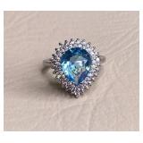 3ct Blue Topaz, Pear Cut Halo Ring