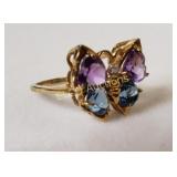 10k Gold Ring w/ Amethyst,Topaz& Diamond Butterfly