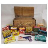 Wooden Storage Box w/ Vintage Ammo Boxes