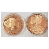 (2) 1oz Copper Coins, Walking Liberty & Buffalo