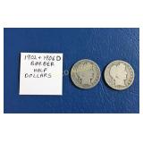 (2) 1902 & 1906 D Barber Halves, 90% Silver