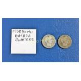 (2) 1908 O &1911 Barber Quarters, 90% Silver