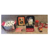 Coca Cola lot w/bucket, trays, tin cans, &