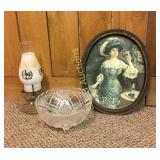 9" Crystal 3 footed bowl, oil lamp, Pepsi tray