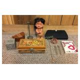 Lot of jewelry boxes, ABC bank, heart necklace,