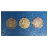 (3) Liberty Head V Nickels, 1910, 1911, & 1912