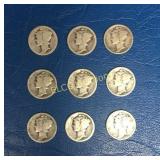 (9) Mercury Dimes, 1917, 1917 S, 1923, 1923 S,