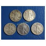 (5) Walking Liberty Half Dollars, 90% Silver,