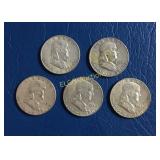 (5) Franklin Half Dollars, 90% Silver, 1950 D,