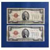 (2) 1928 2 Dollar Bill Red Seal G Series, times