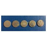 (5) 1868-1883 US Shield Nickels, times the money