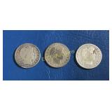 (3) Silver Barber Half Dollars, 1908 O, 1912 D, &