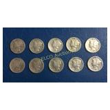 (10) Silver Mercury Head Dimes, 1916-1936D, 90 %