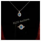Blue Opal estate ring, necklace & earrings,