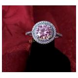 Pink Sapphire solitaire halo ring, Sterling Silver
