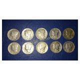 (10) Silver Mercury Dimes, 1918 S - 1942, 90%