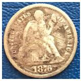 1876 Seated Liberty Dime, 90% Silver