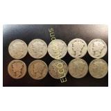 (10) US Mercury Dimes, 1918-1944, 90% Silver
